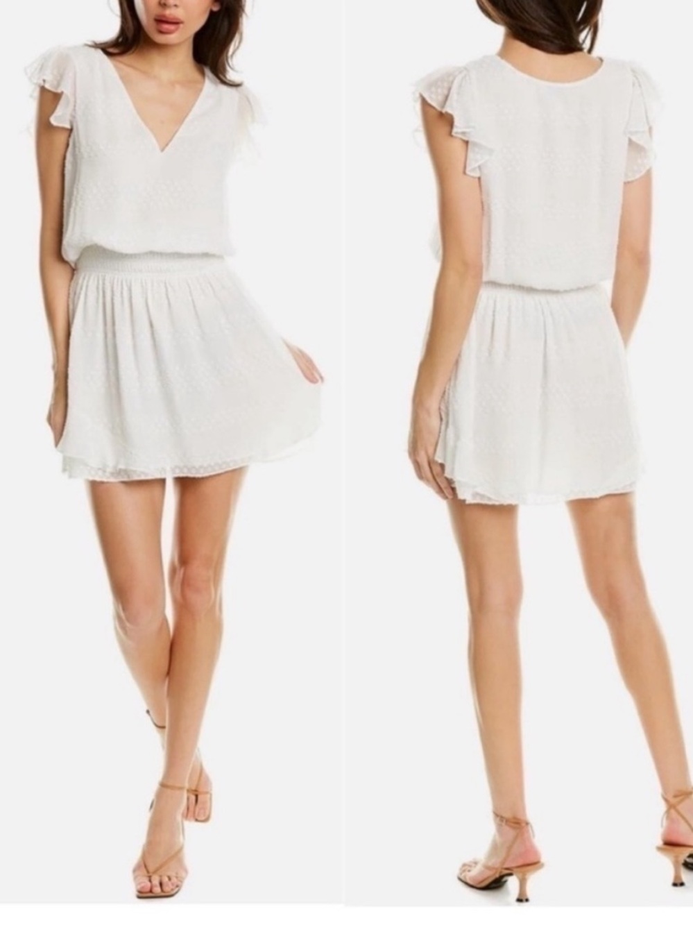 Ramy Brook Simona White Ruffle Mini Short Dress V-Neck Elastic Waist Size Small